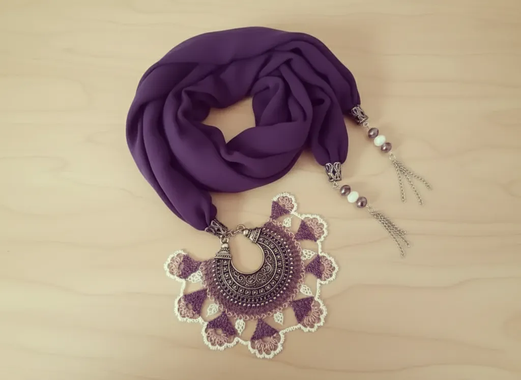 Mor Şifon Fular Ucu İğne Oyası Detaylı Gümüş Renkli Metal Aksesuarlı
