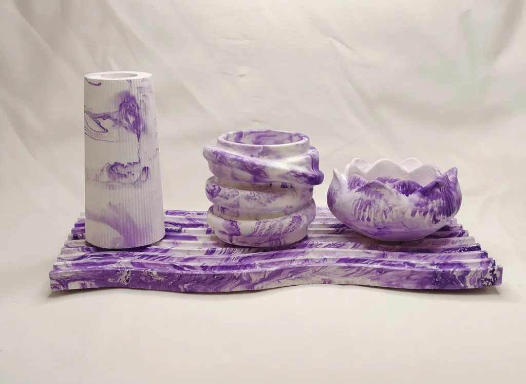 Mermer Desenli Dekoratif Obje Seti - Mor Beyaz El Yapımı