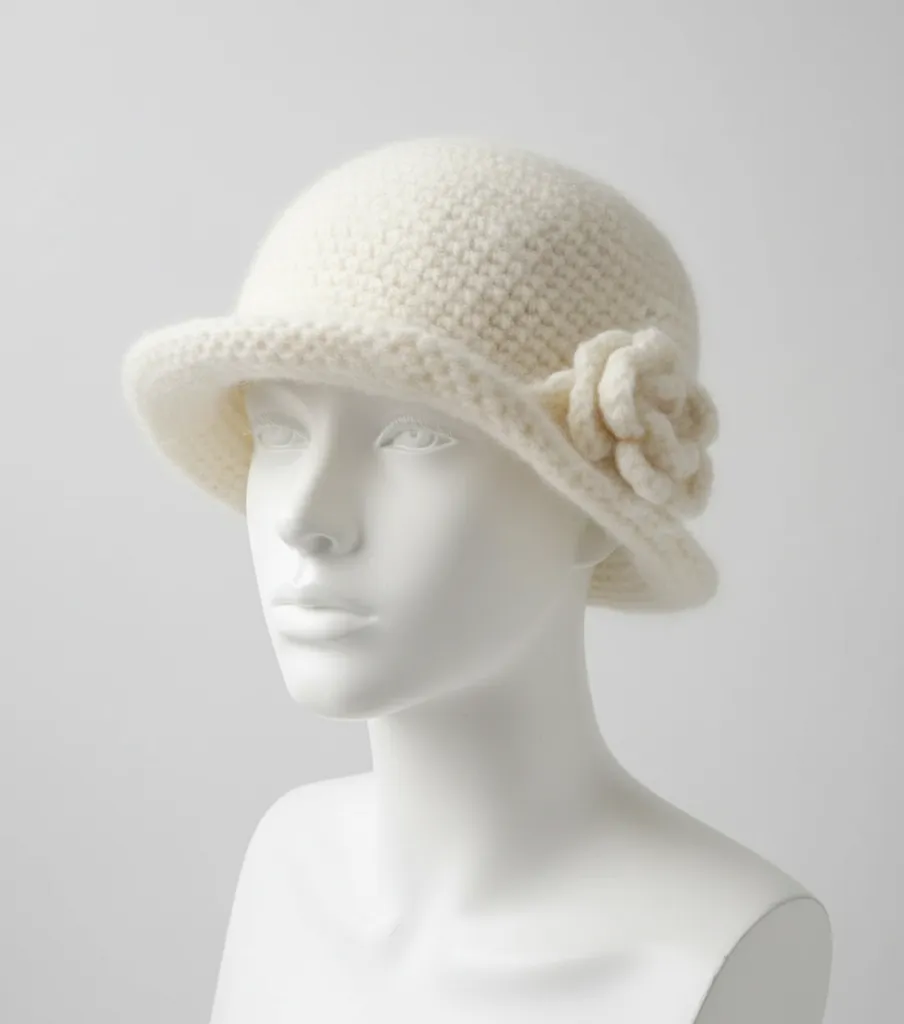 Krem Rengi Tiftik Juliet Şapka - Çıkarılabilir Gül Broş Detaylı
