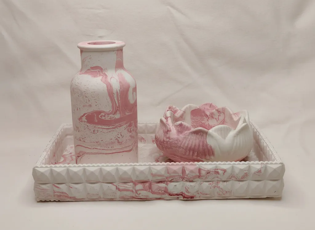 Pembe Mermer Desenli Dekoratif Set - El Yapımı Vazo ve Kase