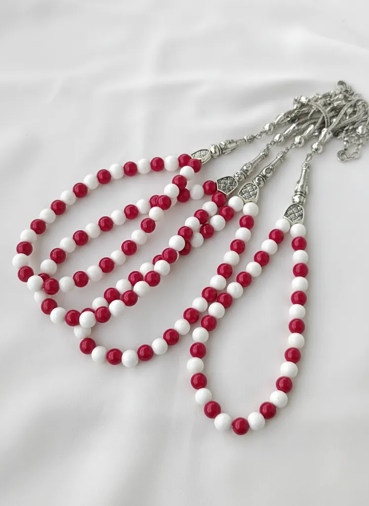 Kırmızı Beyaz Boncuklu Türkiye Temalı Tesbih - Doğal Taş Tasarım