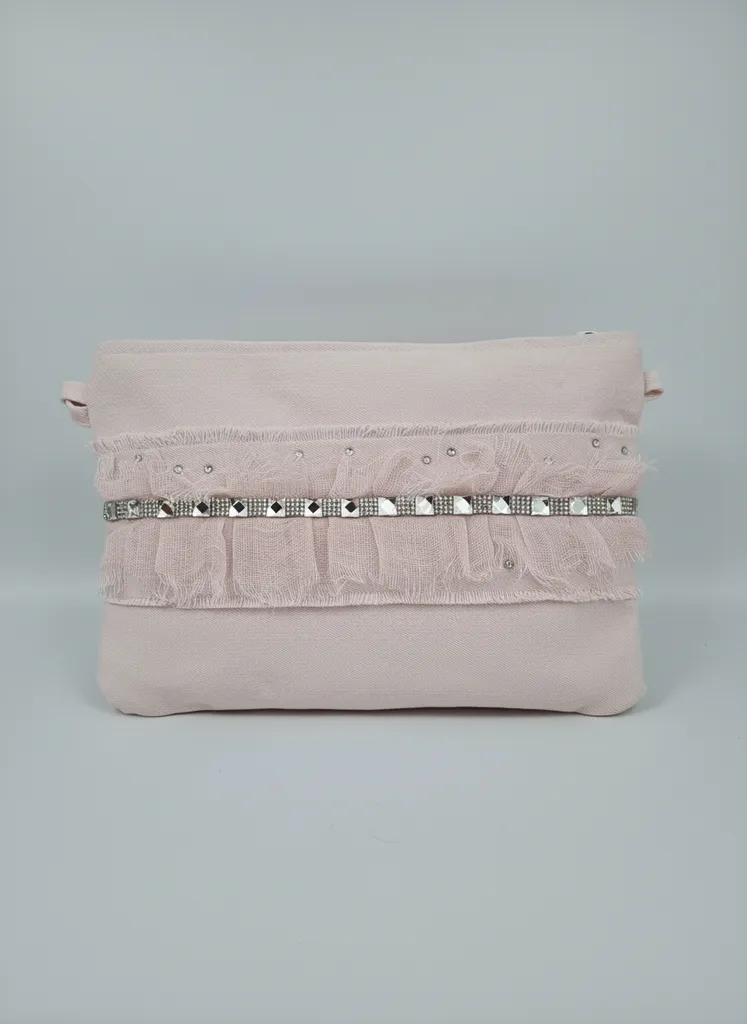 Pembe Renkli Taş Detaylı El Yapımı Özel Tasarım Clutch Çanta
