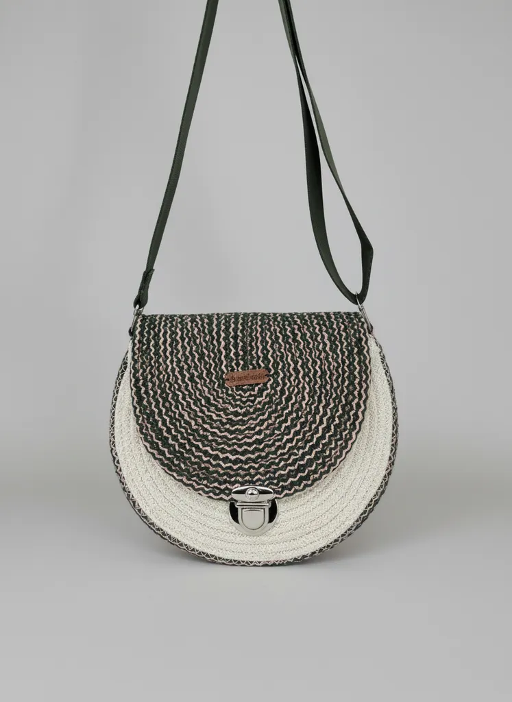 Kordon İp Örgü Makaron Çanta - Yeşil ve Pembe Detaylı - El Yapımı