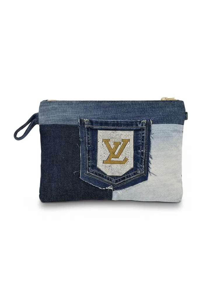 Kot Kumaş Patchwork Tasarım Clutch Çanta - El Yapımı Nakış Detaylı