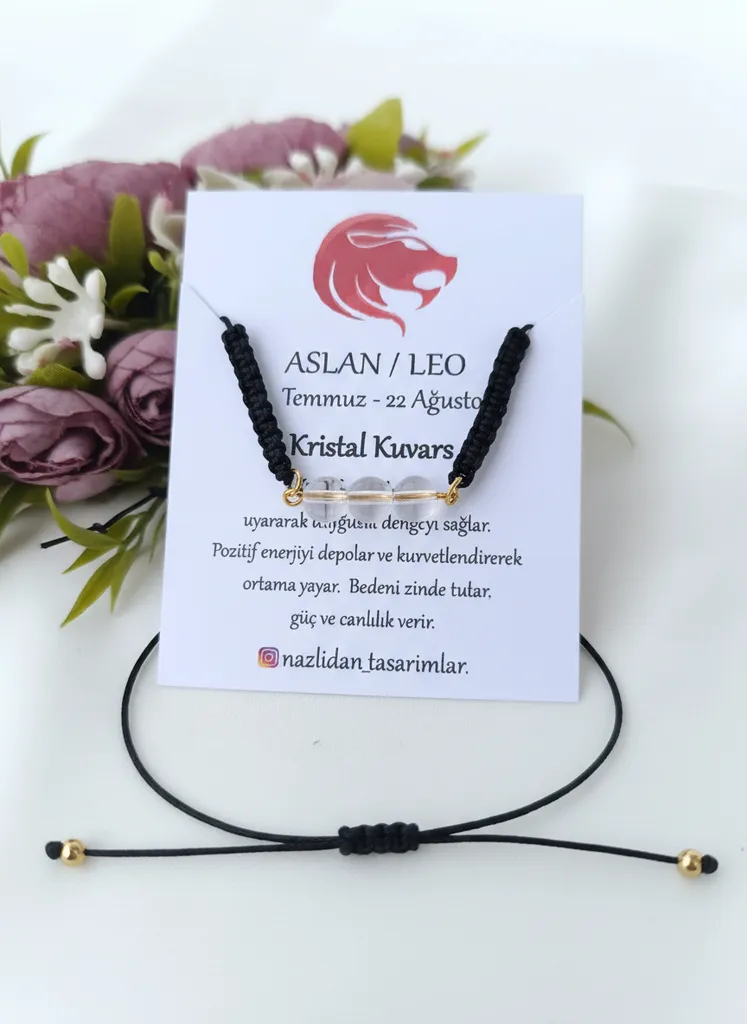 Kristal Kuvars Doğal Taşlı Makrome Arslan Burcu Bilekliği