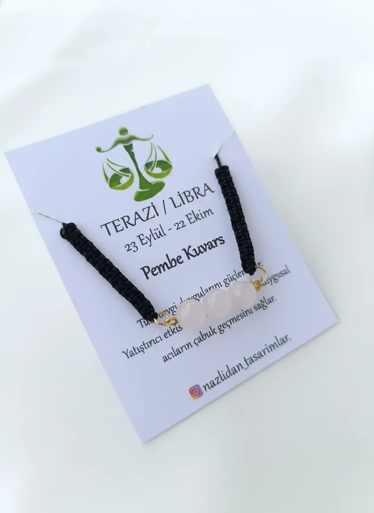 Makrome Örgü Pembe Kuvars Taşlı Terazi Burcu Bilekliği