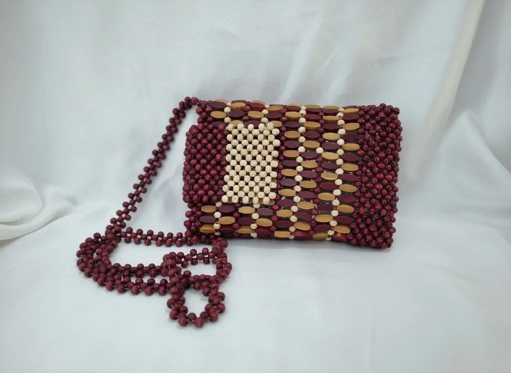 Renkli Ahşap Boncuklu Omuz Çantası - El Yapımı Boncuk İşleme