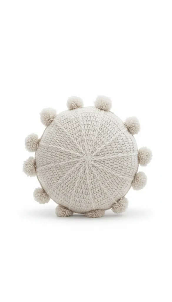 Krem Rengi El Örgüsü Ponpon Detaylı Yuvarlak Dekoratif Kırlent 40 cm