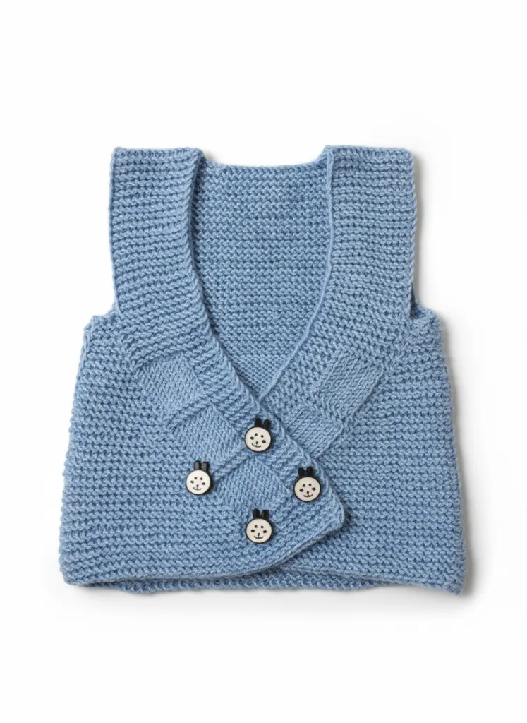 Mavi Örgü Bebek Yeleği - Düğmeli, El Örmesi, Yumuşak Dokulu