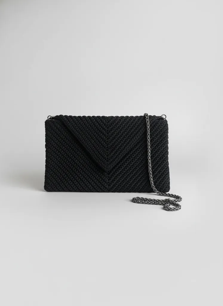 Siyah Polyester İpten Örme Zarf Çanta ve Metal Zincir Askı