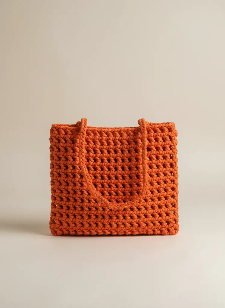 Turuncu Örgü File Çanta - Penye İpten El Yapımı Alışveriş Çantası