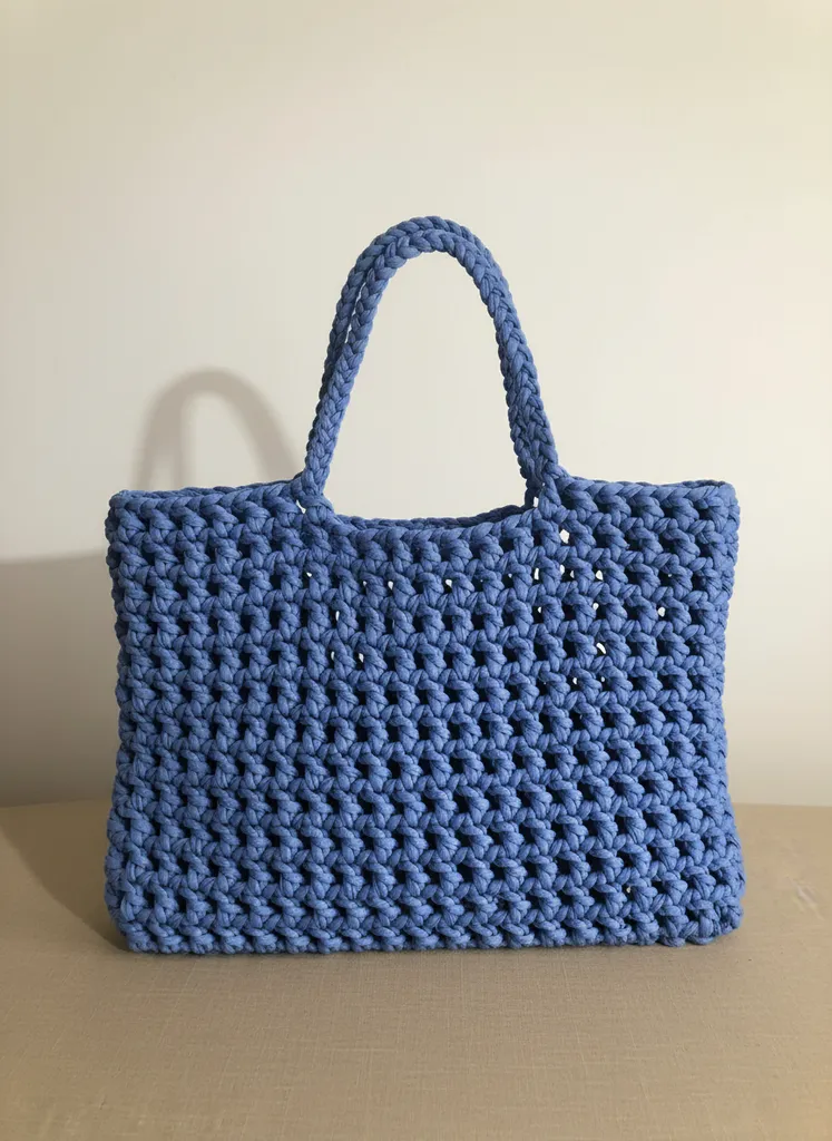 Blue Knitted String Bag from Jersey Yarn - Handmade Design