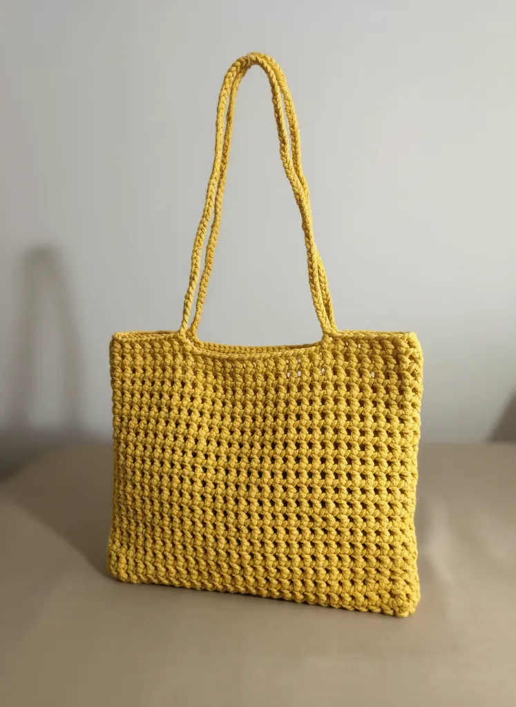 Sarı Renk Makrome Örgü Omuz Çantası - Penye İpten El Yapımı