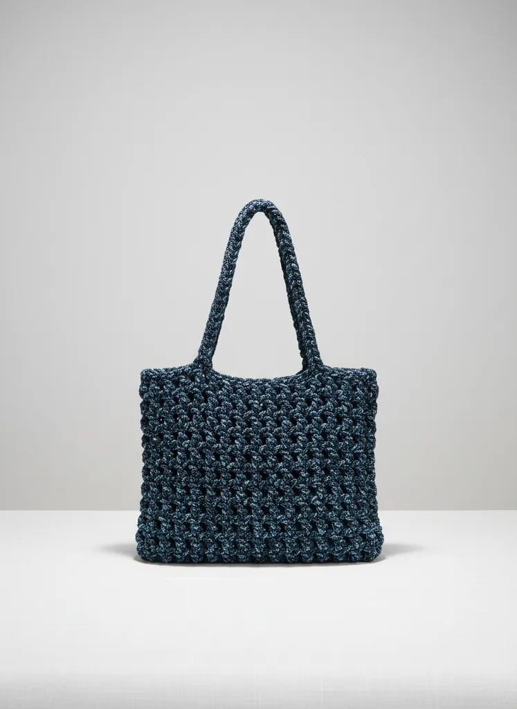 Siyah ve Açık Mavi Penye İpten Örme File Çanta - El Yapımı