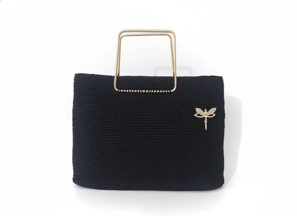 Black Macrame Knitted Bag - With Gold Details, Lined, and Snap Closure