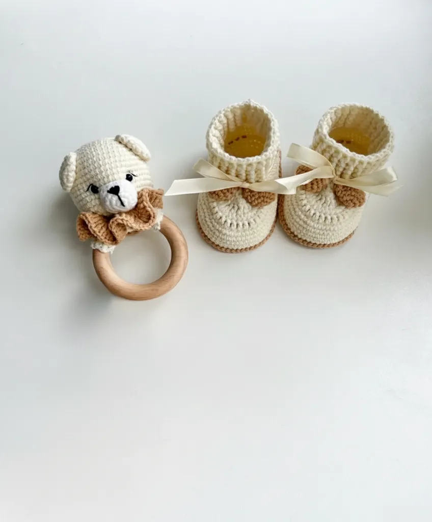 Amigurumi Ayıcık Çıngırak ve Krem Rengi Örgü Bebek Patik Seti