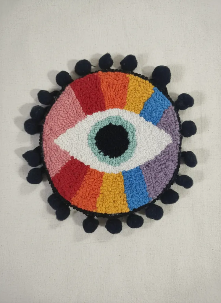 Renkli Göz Desenli Bardak Altlığı - Ponpon Detaylı El Yapımı