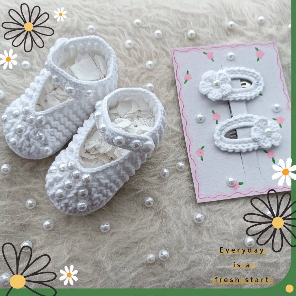 Beyaz İnci Detaylı Örgü Bebek Patik ve Toka Seti - El İşçiliği