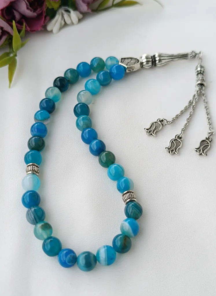 33'lük Mavi Akik Taşlı Gümüş Detaylı Tesbih - Doğal Taş Tesbih