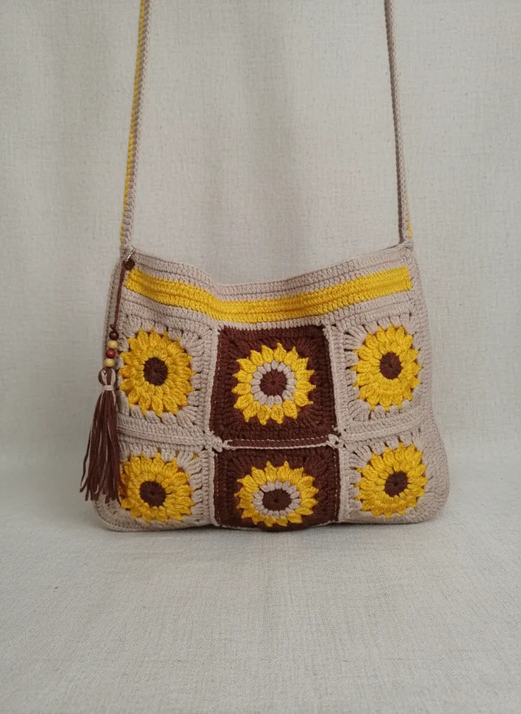 Ayçiçeği Desenli Koton İpten Örme Çanta - Astarlı ve Eldiven Hediyeli