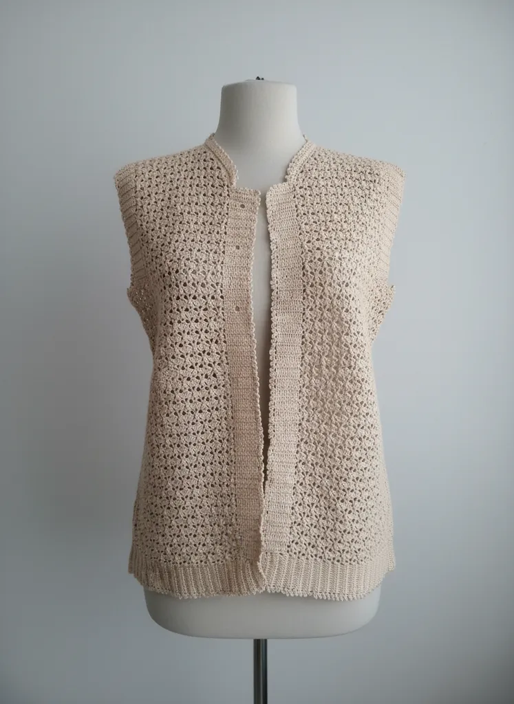 Krem Rengi Tığ İşi Örgü Yelek - 36-40 Beden Aralığı - El Emeği
