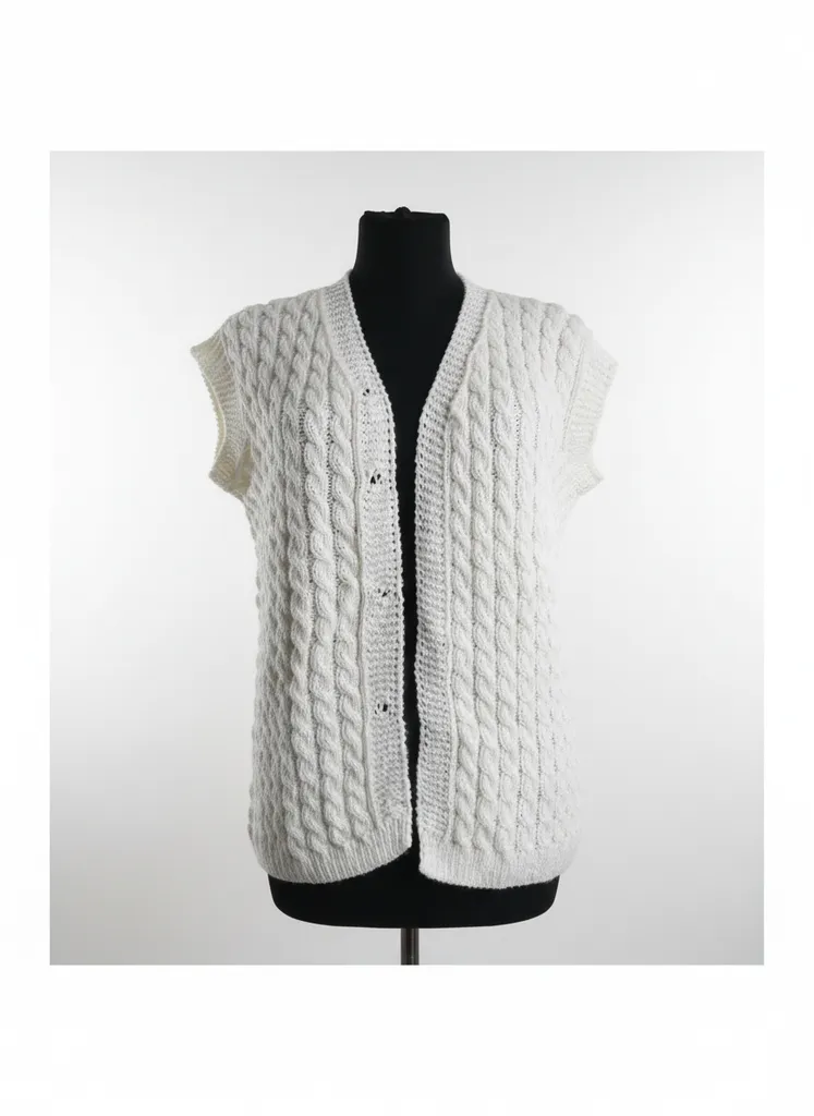 White Knitted Wool Vest - Short Sleeved, Buttoned, Embossed Pattern
