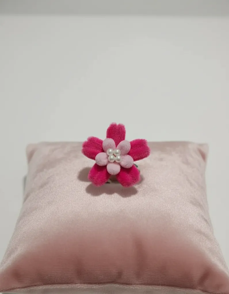 Pembe Şönil Çiçek Yüzük - Ayarlanabilir Çocuk Yüzüğü - El Emeği