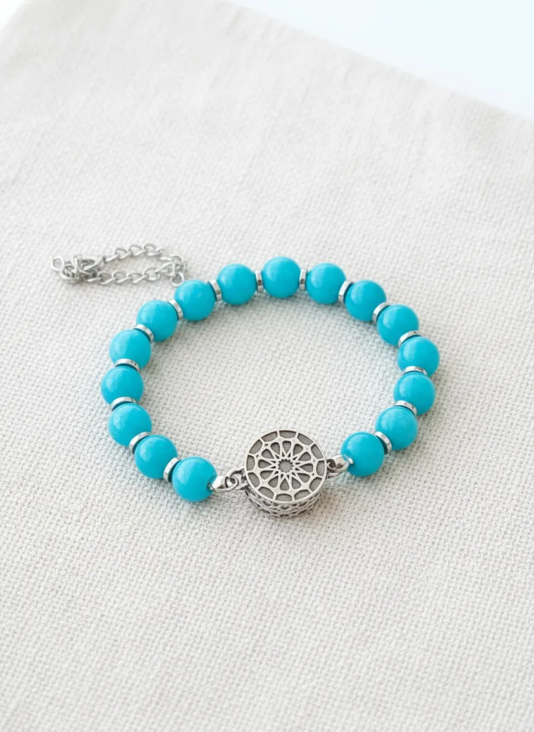 Turkuaz Akik Taşlı Gümüş Renk Detaylı Şık Bileklik (Cevşenli)