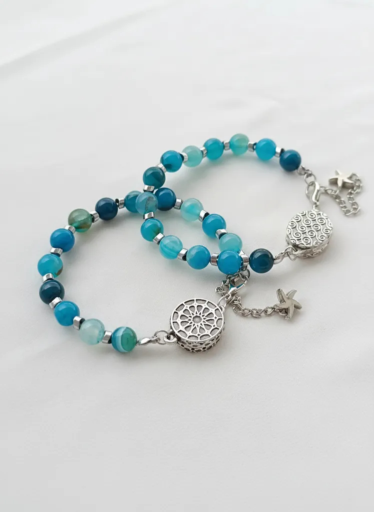 Mavi Akik Taşlı Cevşen Bileklik Gümüş Renkli Yıldız Detaylı