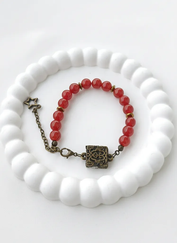 Kırmızı Akik Taşlı Bileklik - Cevşen Dualı ve Yıldız Detaylı