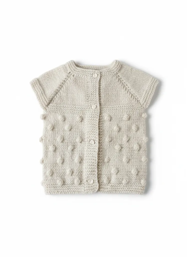 Krem Rengi Ponponlu Bebek Yeleği - El Örgüsü, 2 Yaşa Kadar