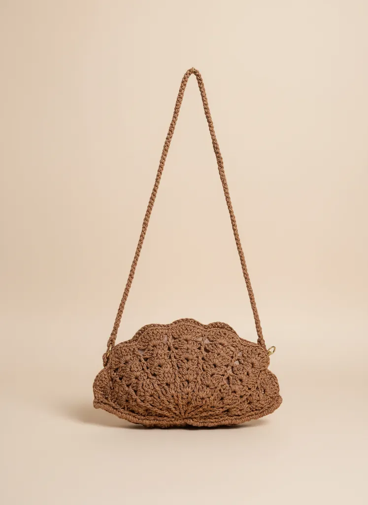 Kahverengi Kağıt İp Hasır Midye Model Astarlı Omuz Çantası