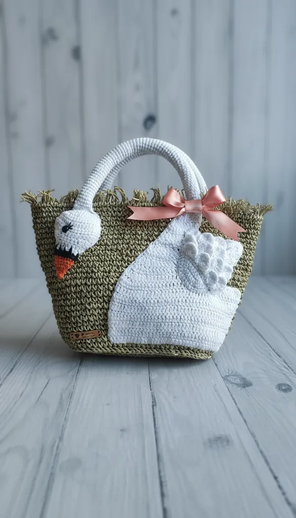 Kağıt İpten Örme Kuğu Desenli Astarlı Çanta - El Emeği Tasarım