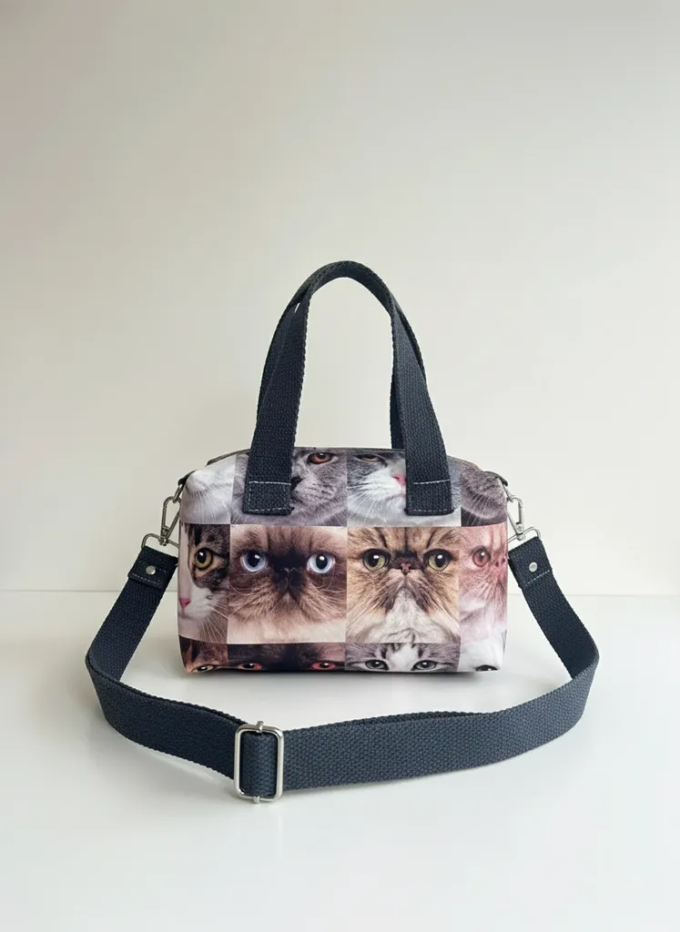 Desenli Kanvas Omuz Çantası - Kedili Tasarım El Yapımı