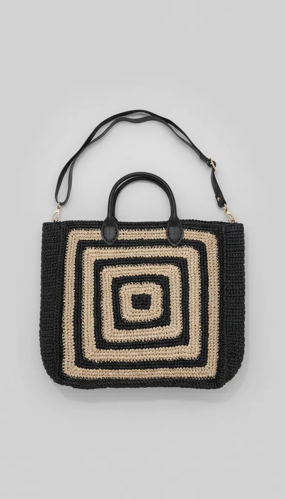 Kare Desenli Hasır Omuz Çantası - El Yapımı Şık Tasarım