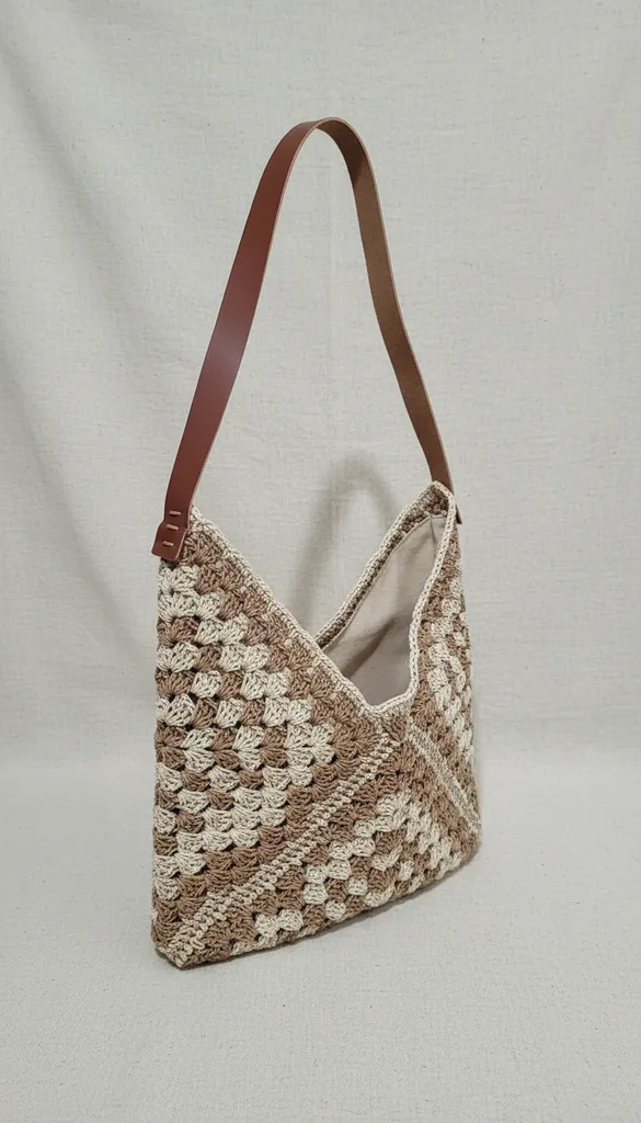 Kahverengi ve Bej Renkli Hasır Örgü Omuz Çantası - El Yapımı Trend Model