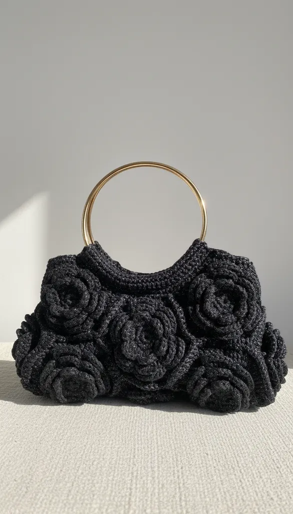 Siyah Örgü Çanta - Altın Rengi Saplı, Çiçek Desenli, El Emeği