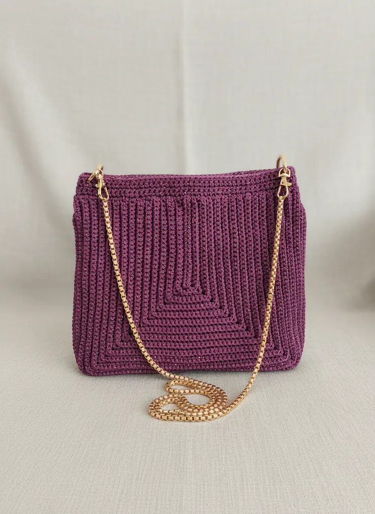 Eflatun Simli Makrome Örgü Omuz Çantası - Zincir Askılı Şık Tasarım
