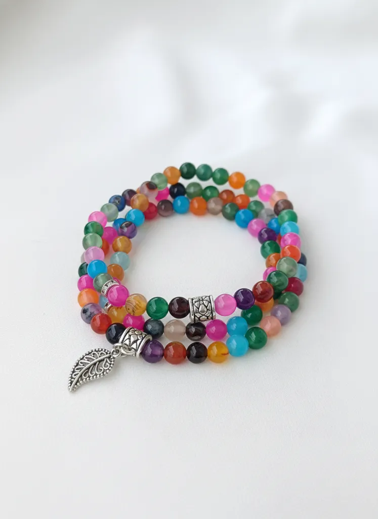 Multi-Colored Agate Stone Leaf Tassel Prayer Bead Bracelet - Natural Stone