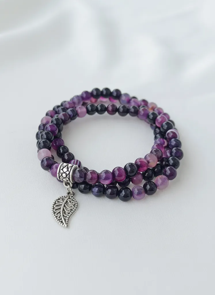 Mor ve Siyah Akik Taşlı Bileklik Tesbih - Yaprak Detaylı