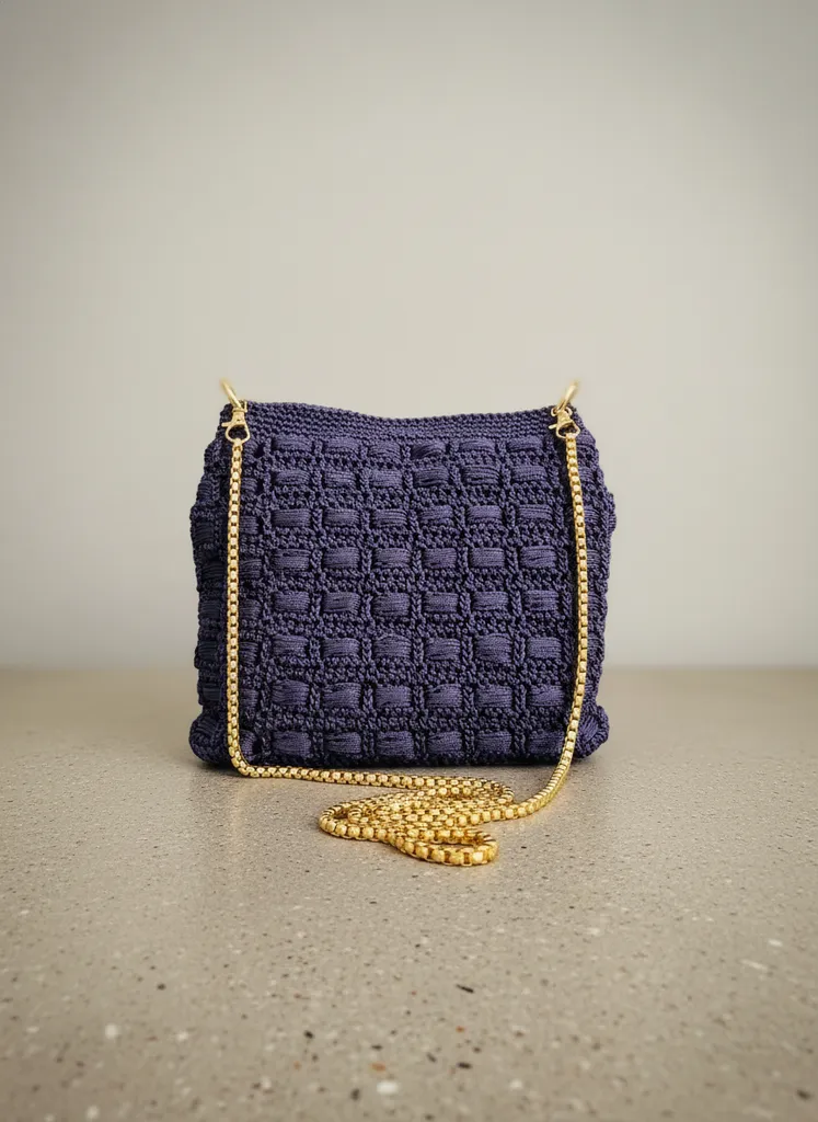 Mor Makrome Örgü Omuz Çantası - Zincir Askılı ve Astarlı