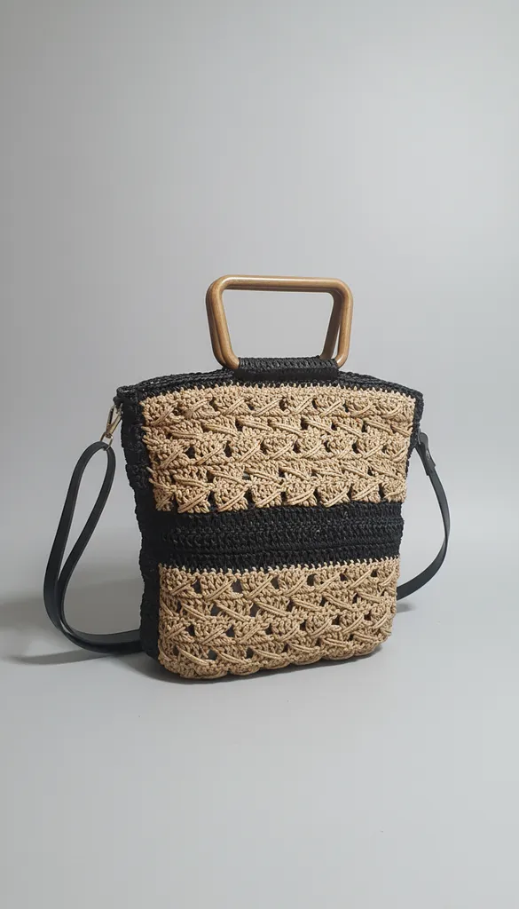 Kahverengi ve Siyah Kağıt İpten Örme Omuz Çantası - El Yapımı