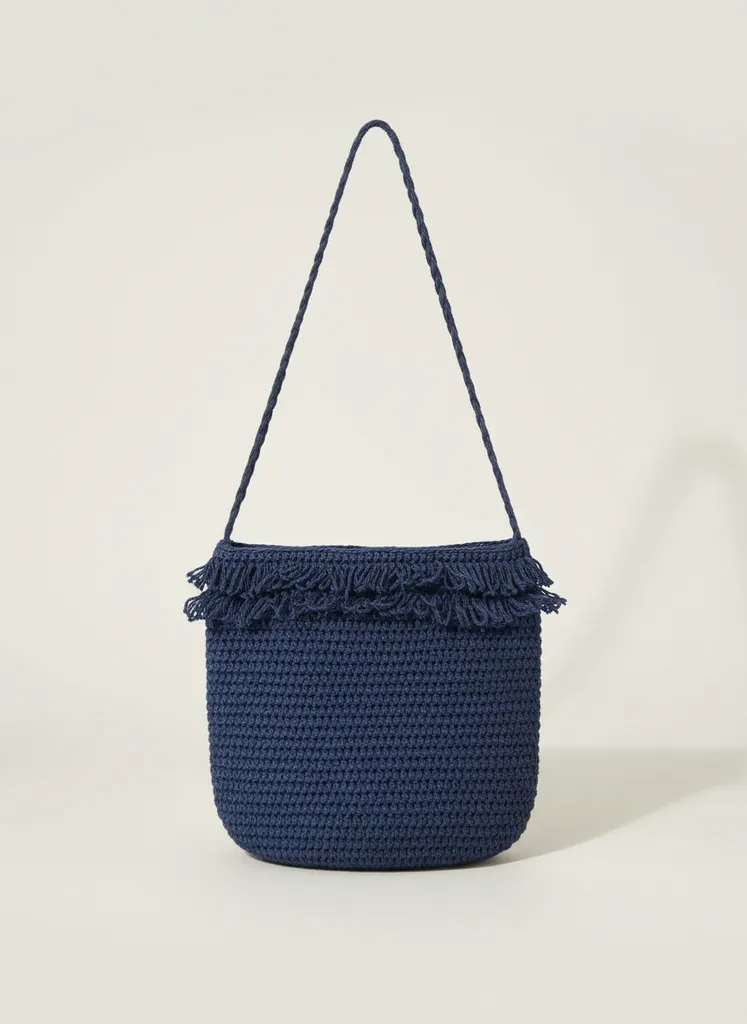 Mavi Örgü Telefon Çantası - Omuz Askılı, El Yapımı