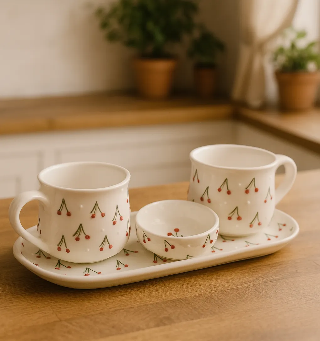 Kiraz Bahçesi Seramik Üçlü Kahve Sunum Takımı