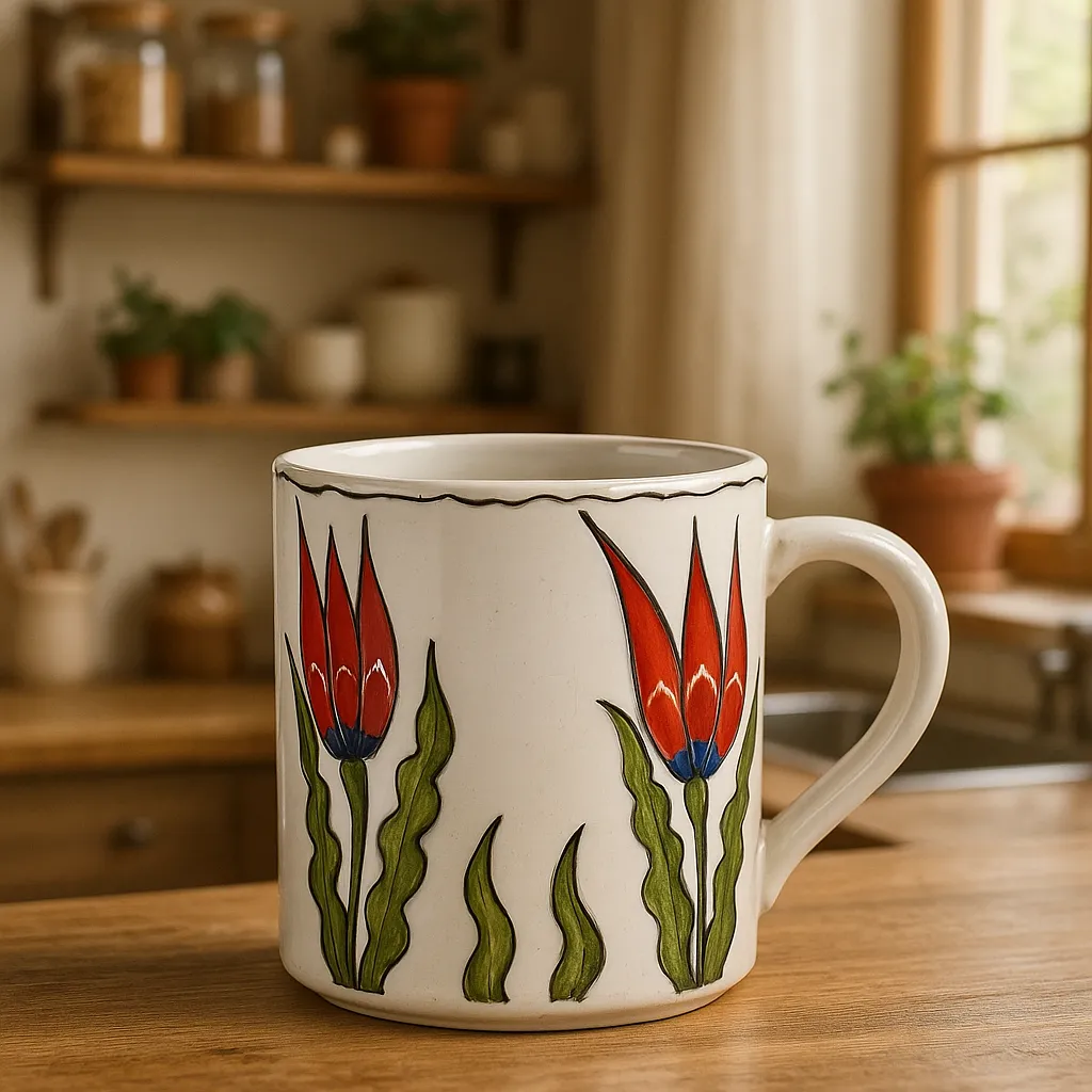 Lale Motifli El Boyaması Seramik Kupa