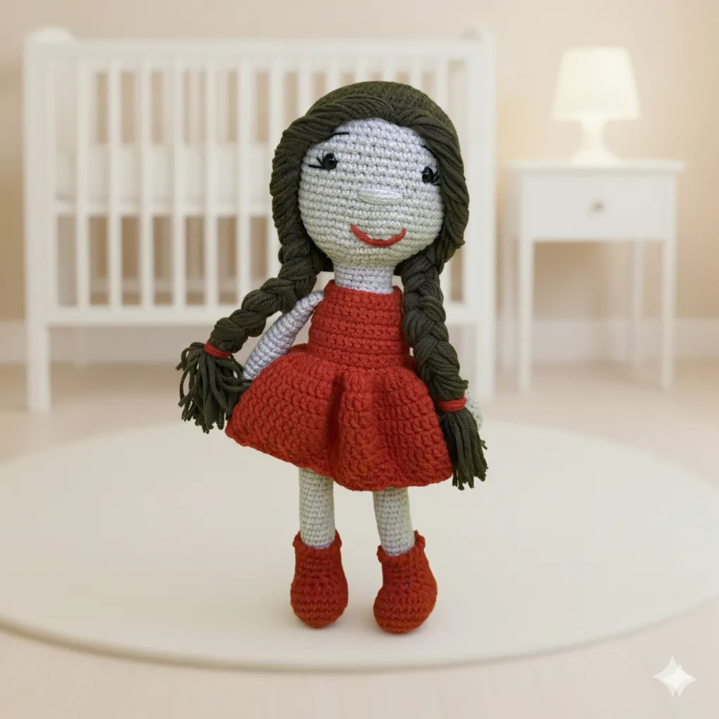 Kırmızı Elbiseli El Örgüsü Amigurumi Bebek