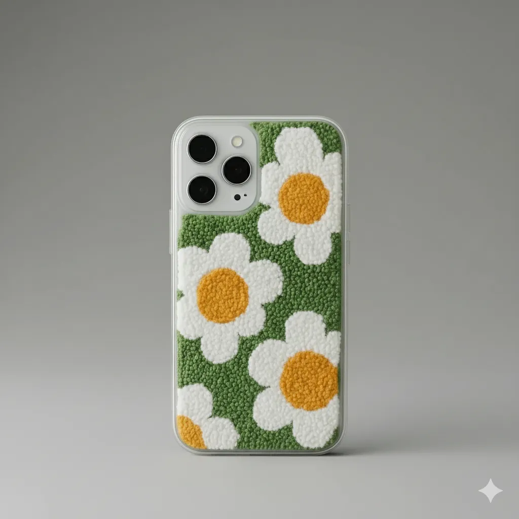 iPhone 14 Pro Max Uyumlu Yeşil Zemin Beyaz Papatya Desenli Punch Kılıf