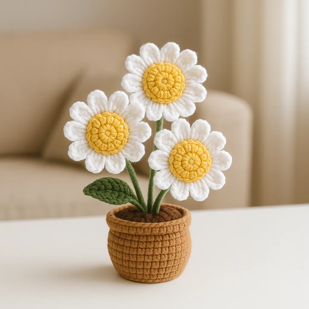 El Yapımı Papatya Buketi Örgü Saksı - Dekoratif Amigurumi Çiçek