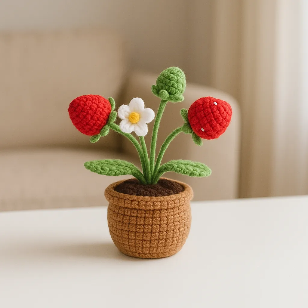El Örgüsü Çilek Temalı Dekoratif Saksı Bitki - Amigurumi Oyuncak