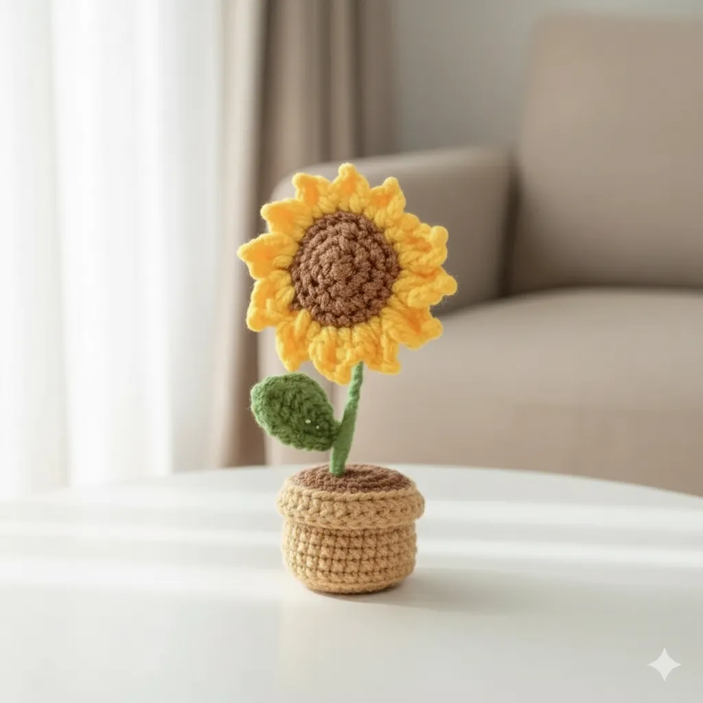 El Örgüsü Sarı Ayçiçeği Dekoratif Saksı - Amigurumi Oyuncak Çiçek